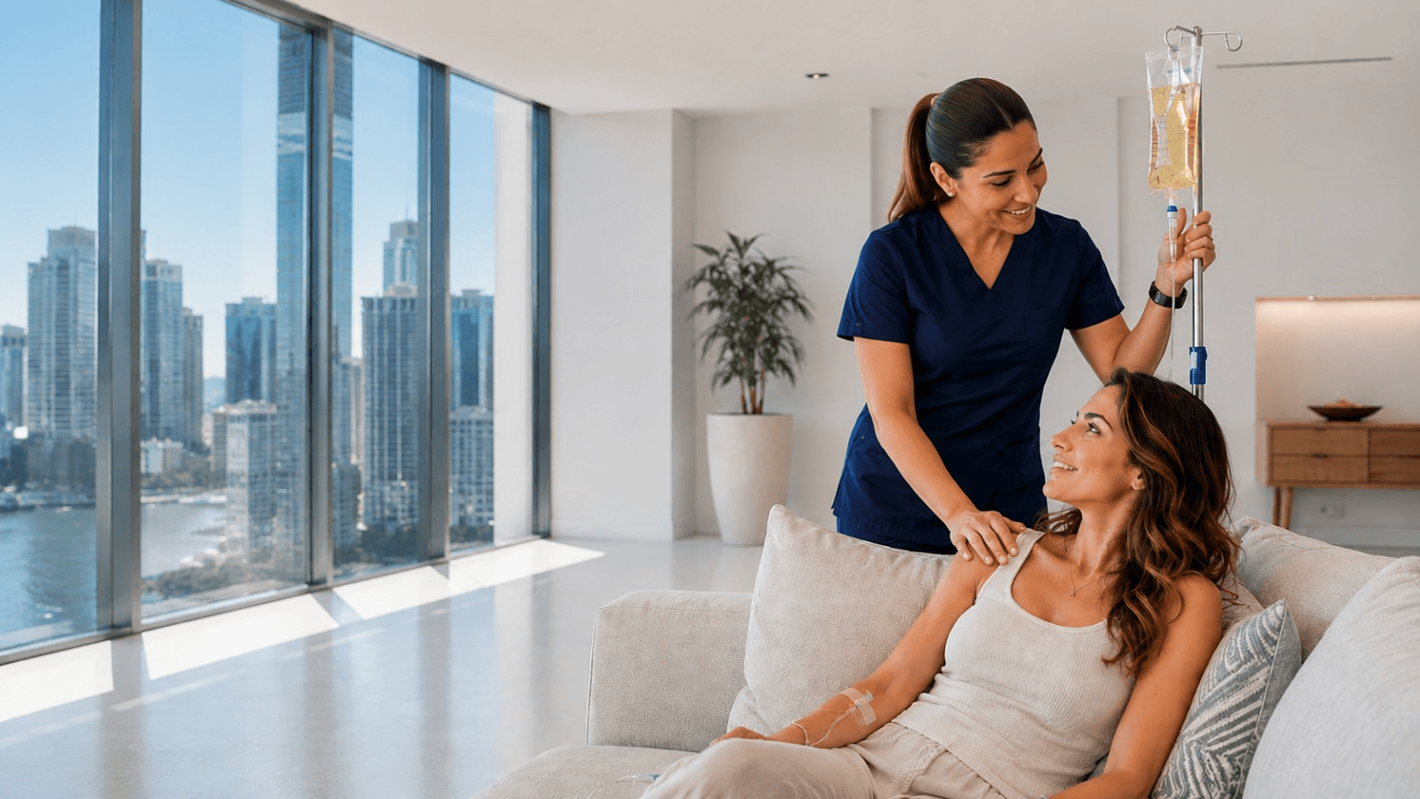 Nurse providing IV therapy to a client
